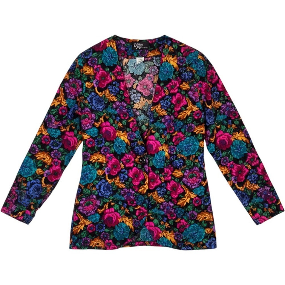 Dawn Joy Fashions Vintage Floral Rayon V-Neck Blouse Black Multi Size 7/8